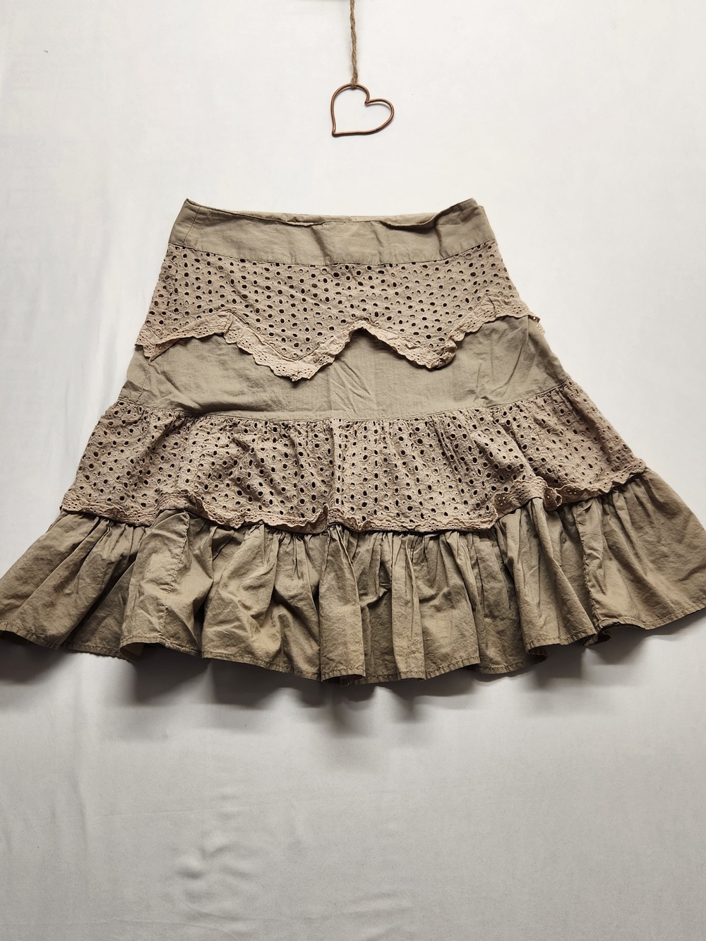 ⭐️Vintage Candies Y2K Boho Eyelet Ruffle Tiered Skirt Tan Cottagecore Junior 7